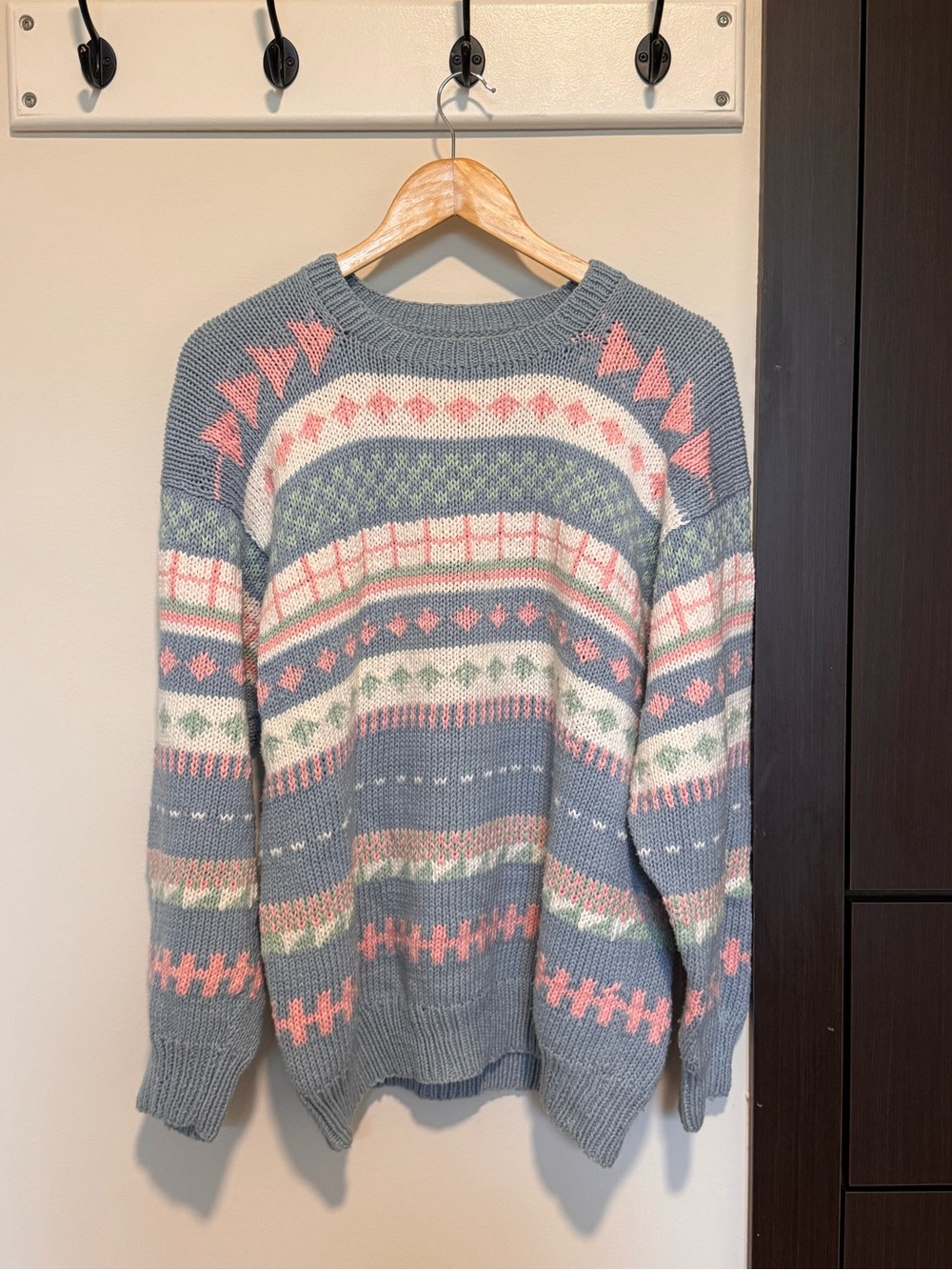 Cozy Hand Knit Vintage Sweater - Blue with Pink & Cream Pattern - Picture 3 of 3